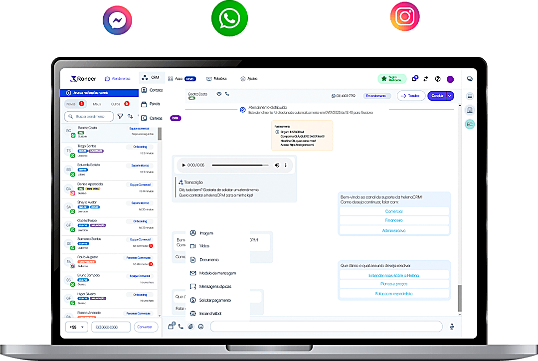 Plataforma Roncer — atendimento e CRM para WhatsApp em um só lugar